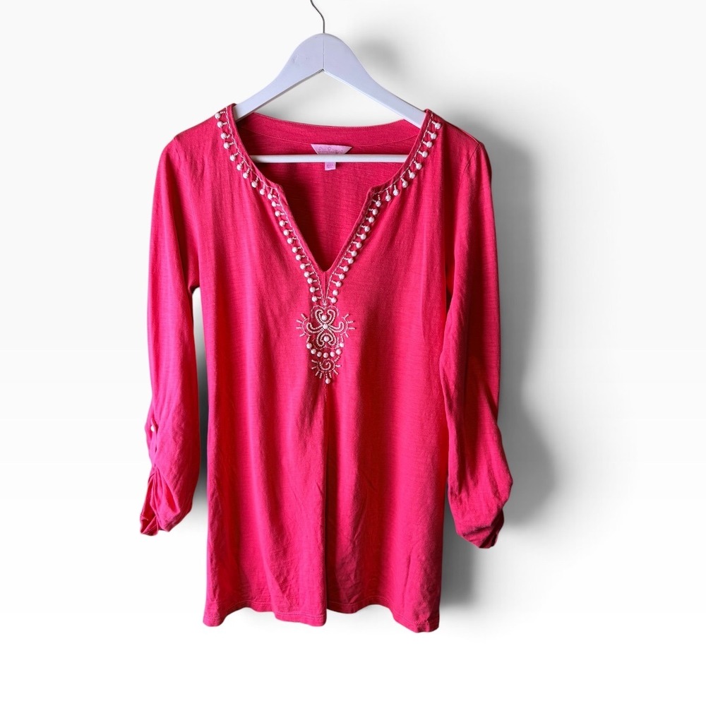 Lilly Pulitzer Coral Beaded V-Neck Cotton Tunic Top Style 86926 Size M